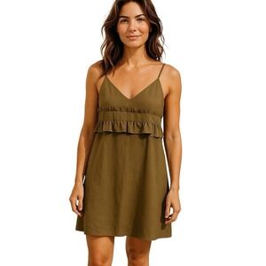 Buru Ruffle Tiered Olive Green Sleeveless Summer Casual‎ Mini Dress Size M/L